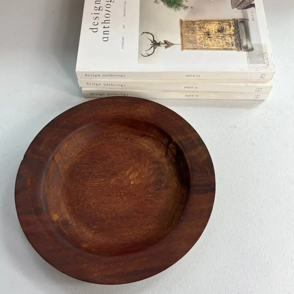 Vintage Dark Solid Wood Round Plate Tray 9